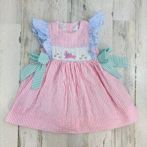 Cecil and Lou Smocked Easter Bunny Girls 2T Pink Seersucker Bow Dress